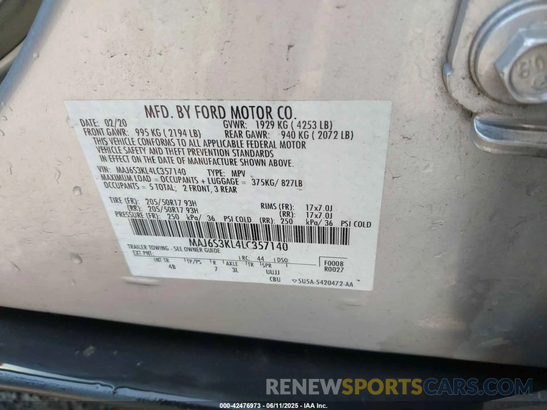 9 Photograph of a damaged car MAJ6S3KL4LC357140 FORD ECOSPORT 2020