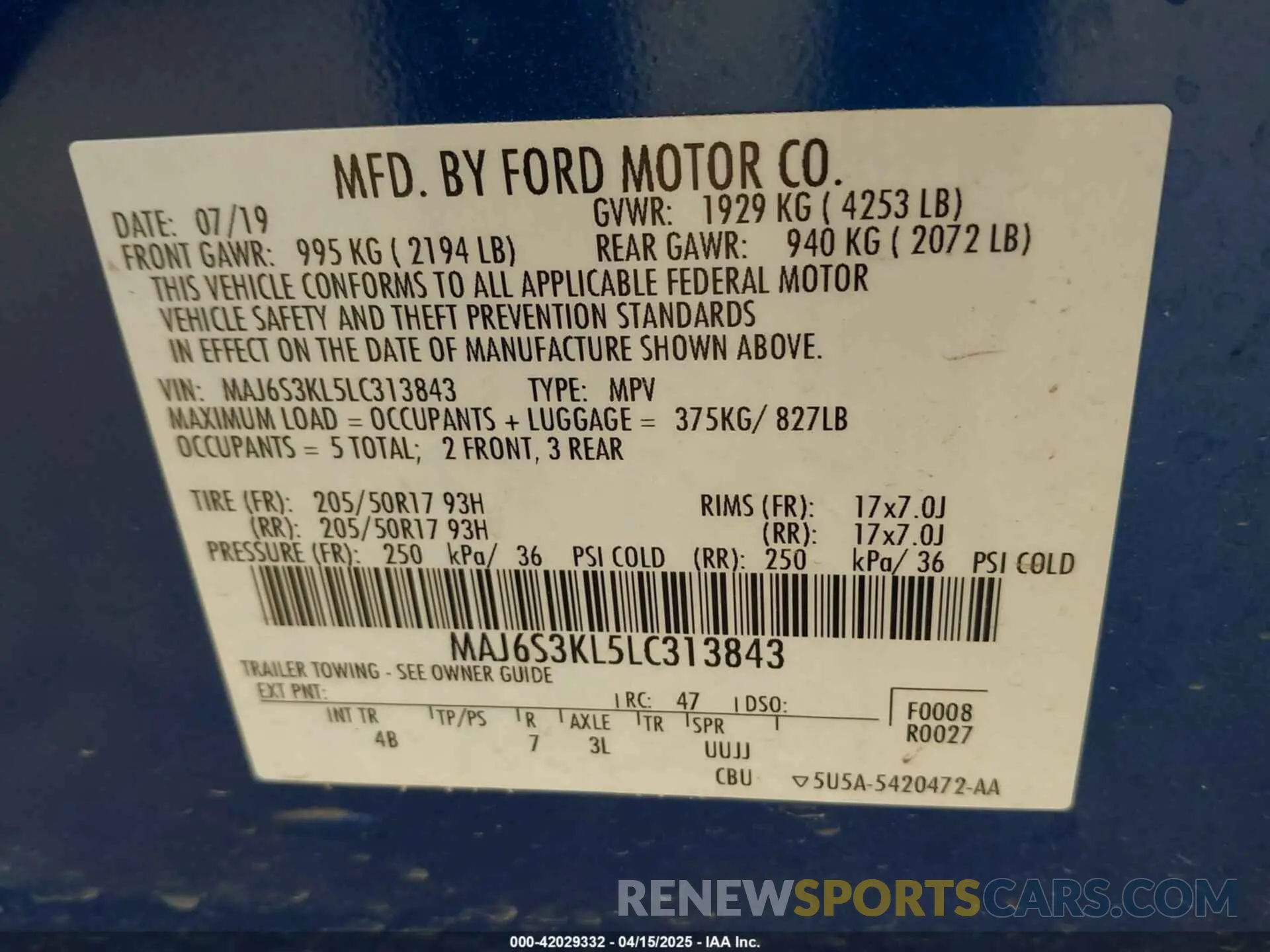 9 Photograph of a damaged car MAJ6S3KL5LC313843 FORD ECOSPORT 2020