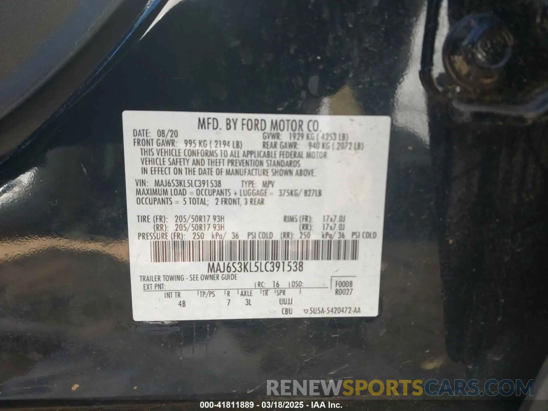 9 Photograph of a damaged car MAJ6S3KL5LC391538 FORD ECOSPORT 2020