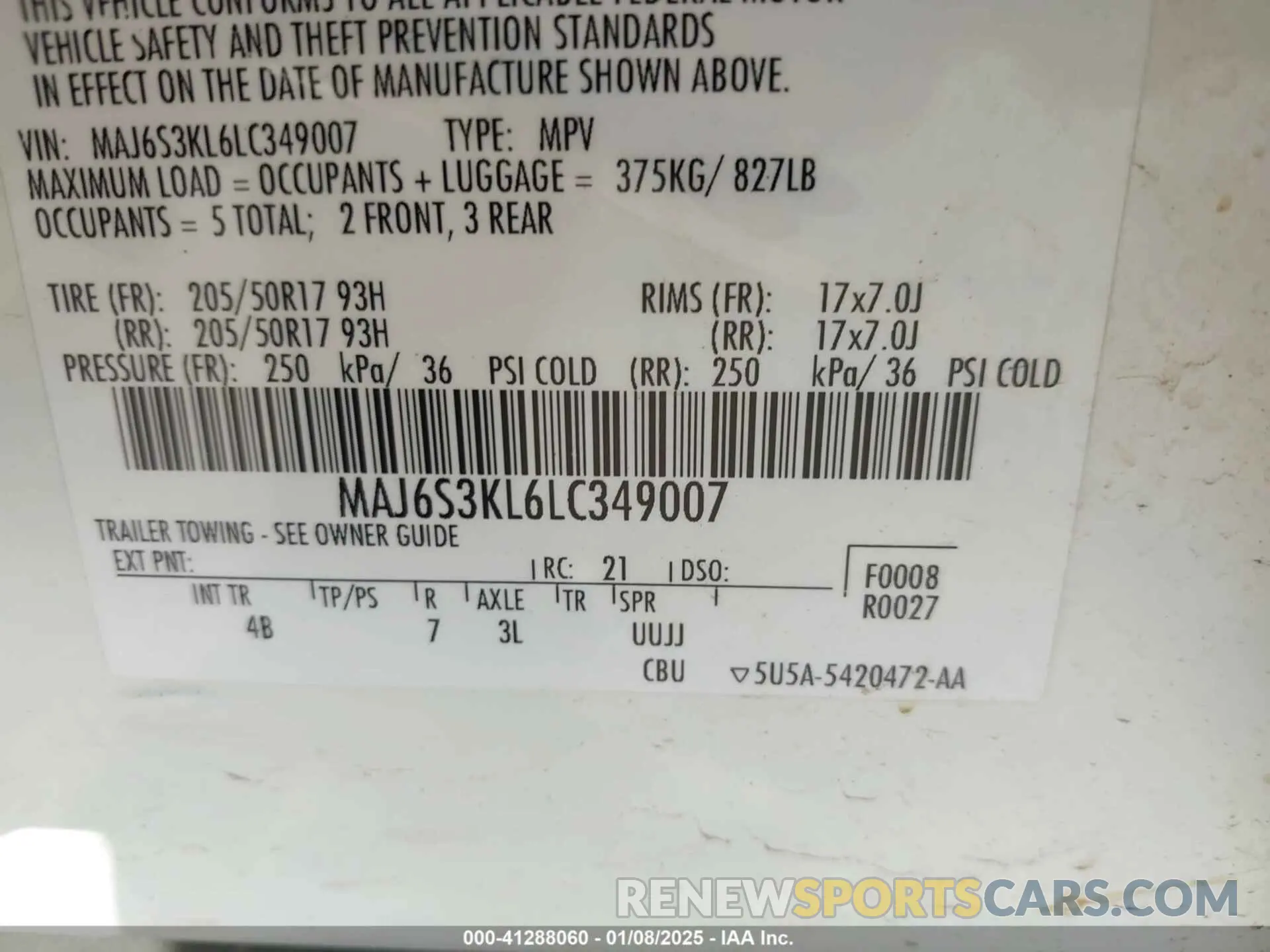 9 Photograph of a damaged car MAJ6S3KL6LC349007 FORD ECOSPORT 2020