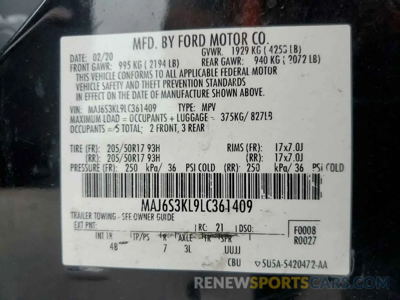 14 Photograph of a damaged car MAJ6S3KL9LC361409 FORD ECOSPORT 2020
