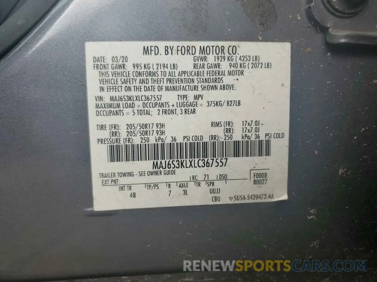 12 Photograph of a damaged car MAJ6S3KLXLC367557 FORD ECOSPORT 2020