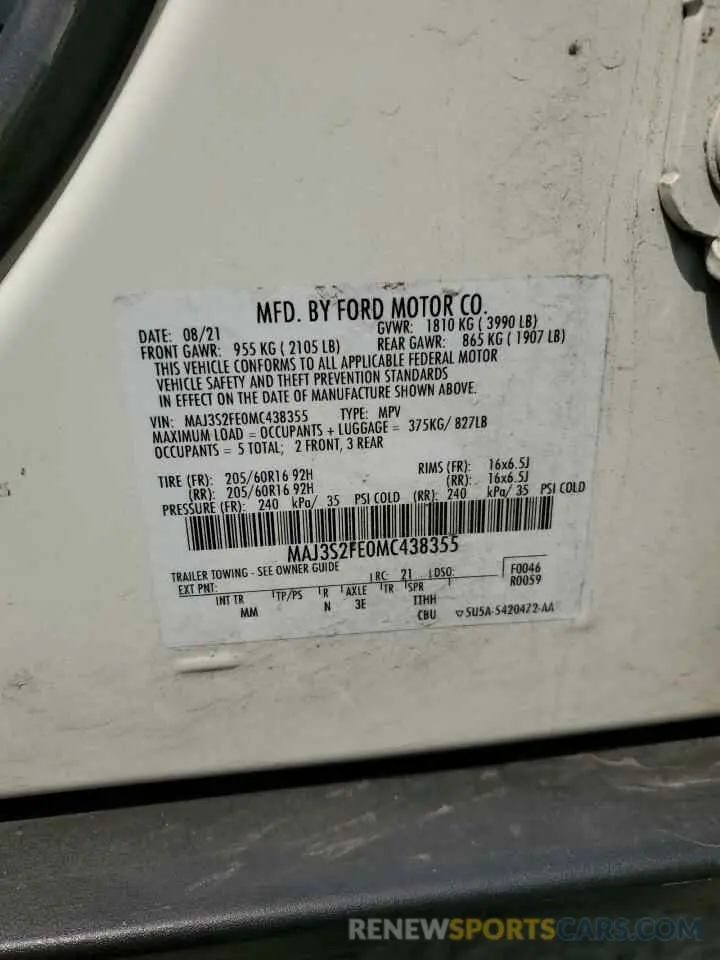 13 Photograph of a damaged car MAJ3S2FE0MC438355 FORD ECOSPORT 2021