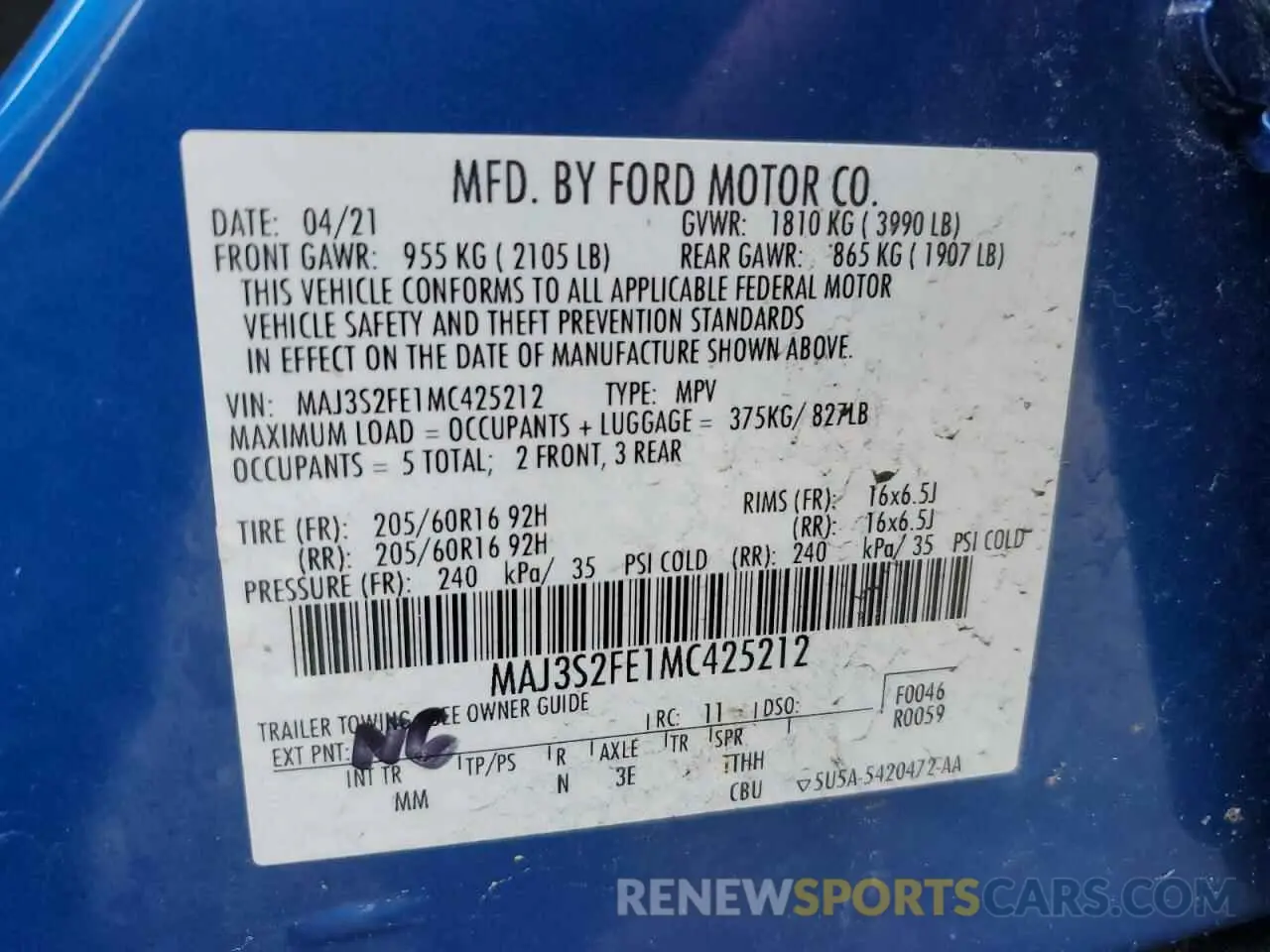 12 Photograph of a damaged car MAJ3S2FE1MC425212 FORD ECOSPORT 2021