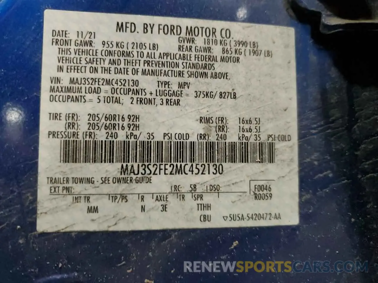 15 Photograph of a damaged car MAJ3S2FE2MC452130 FORD ECOSPORT 2021