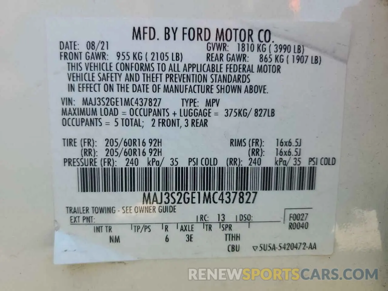 13 Photograph of a damaged car MAJ3S2GE1MC437827 FORD ECOSPORT 2021