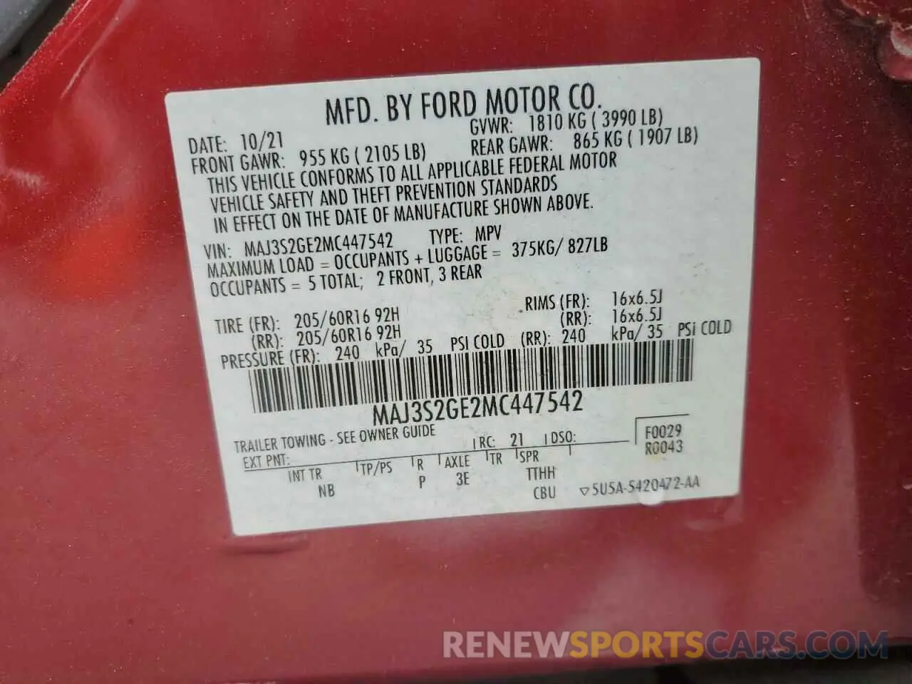 14 Photograph of a damaged car MAJ3S2GE2MC447542 FORD ECOSPORT 2021