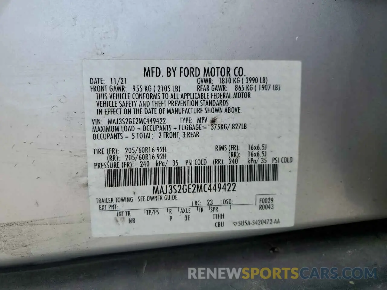 14 Photograph of a damaged car MAJ3S2GE2MC449422 FORD ECOSPORT 2021