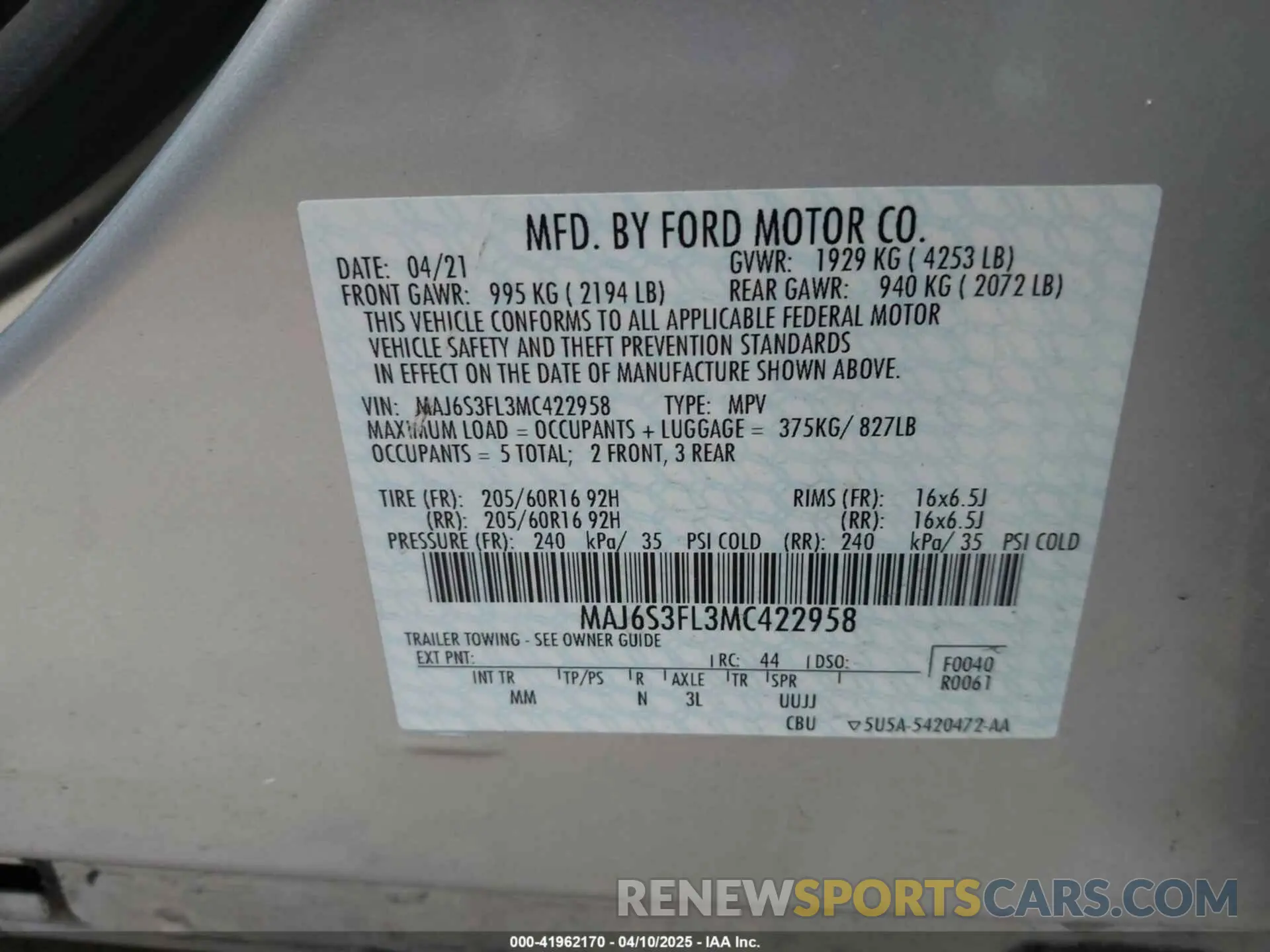 9 Photograph of a damaged car MAJ6S3FL3MC422958 FORD ECOSPORT 2021