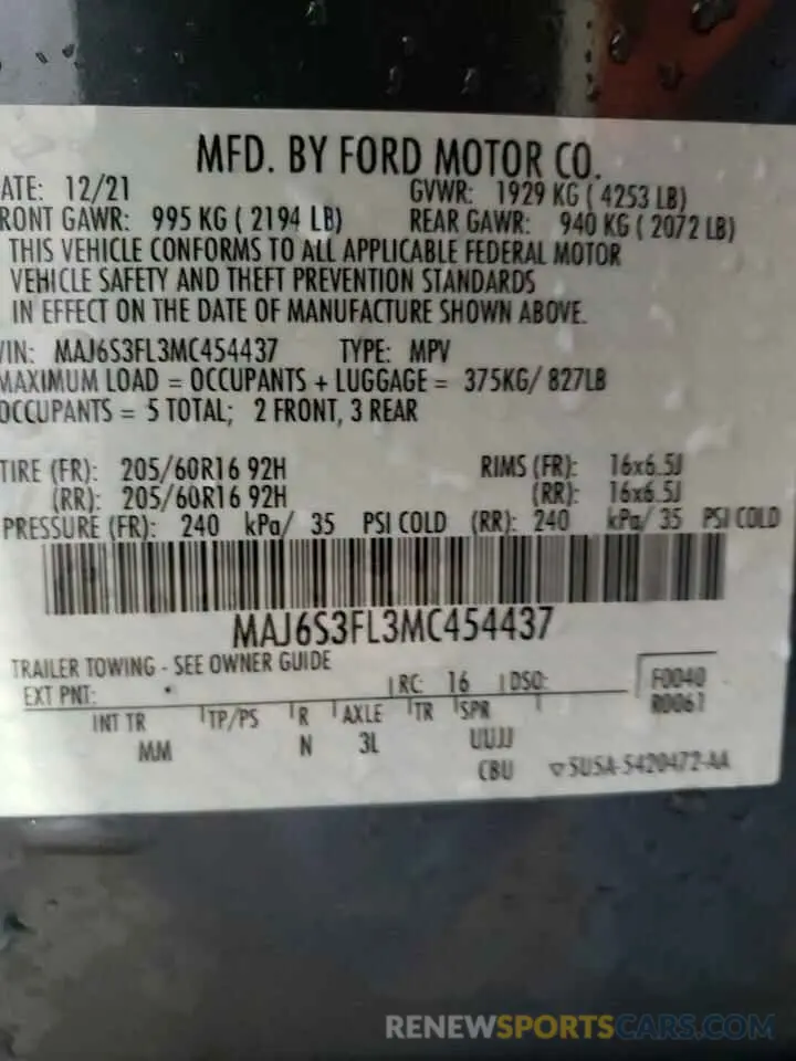 14 Photograph of a damaged car MAJ6S3FL3MC454437 FORD ECOSPORT 2021