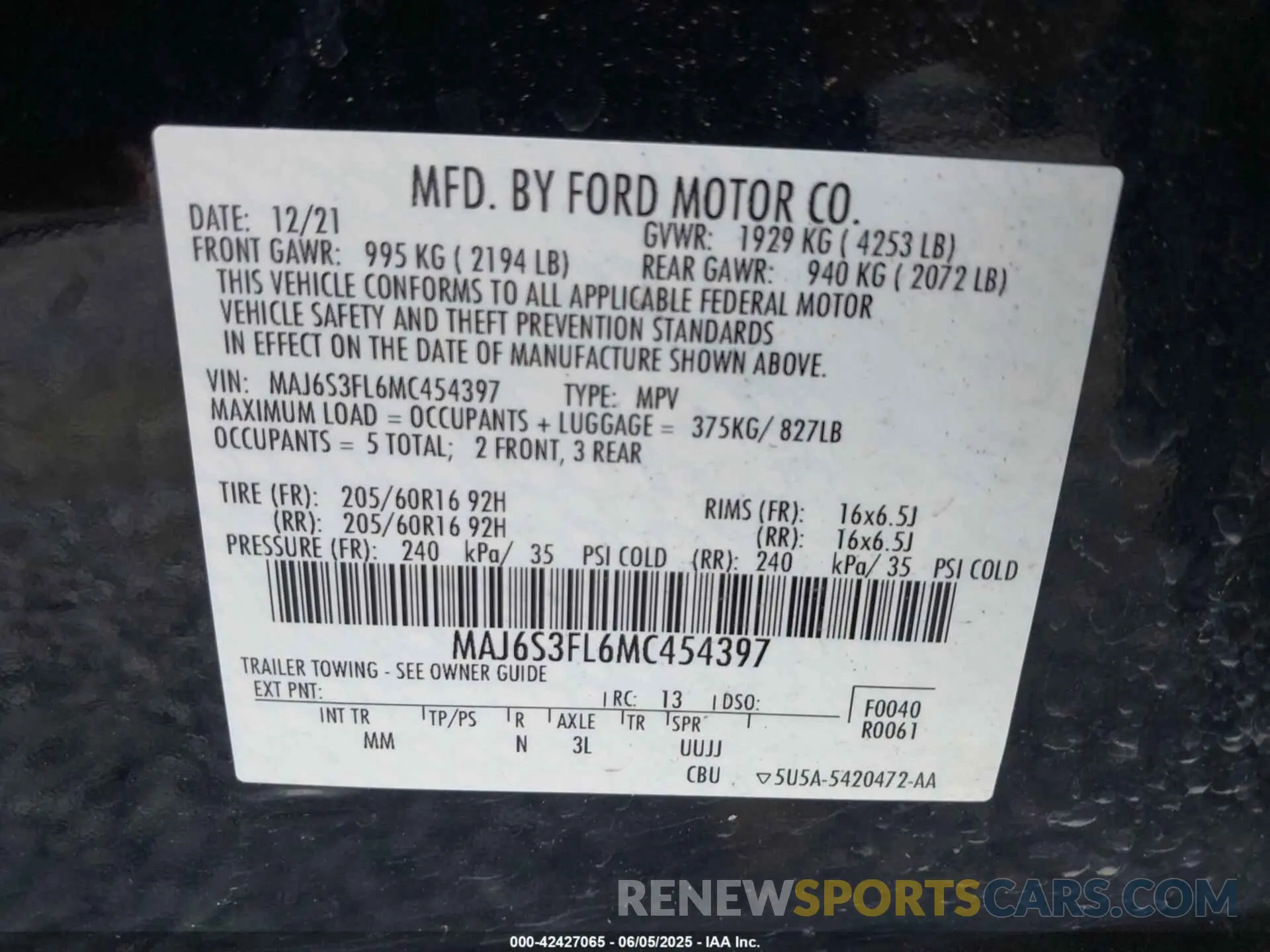9 Photograph of a damaged car MAJ6S3FL6MC454397 FORD ECOSPORT 2021