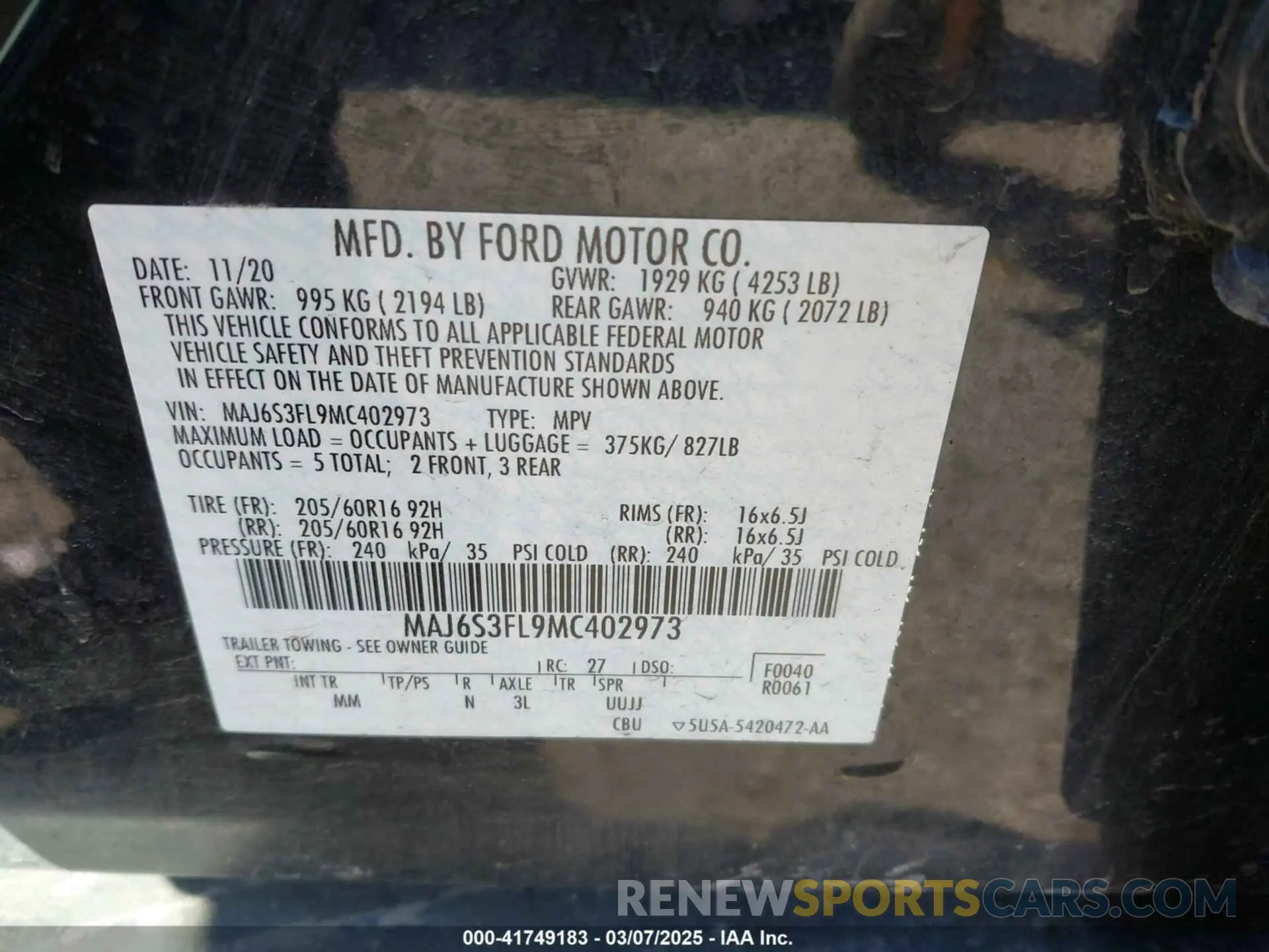 9 Photograph of a damaged car MAJ6S3FL9MC402973 FORD ECOSPORT 2021
