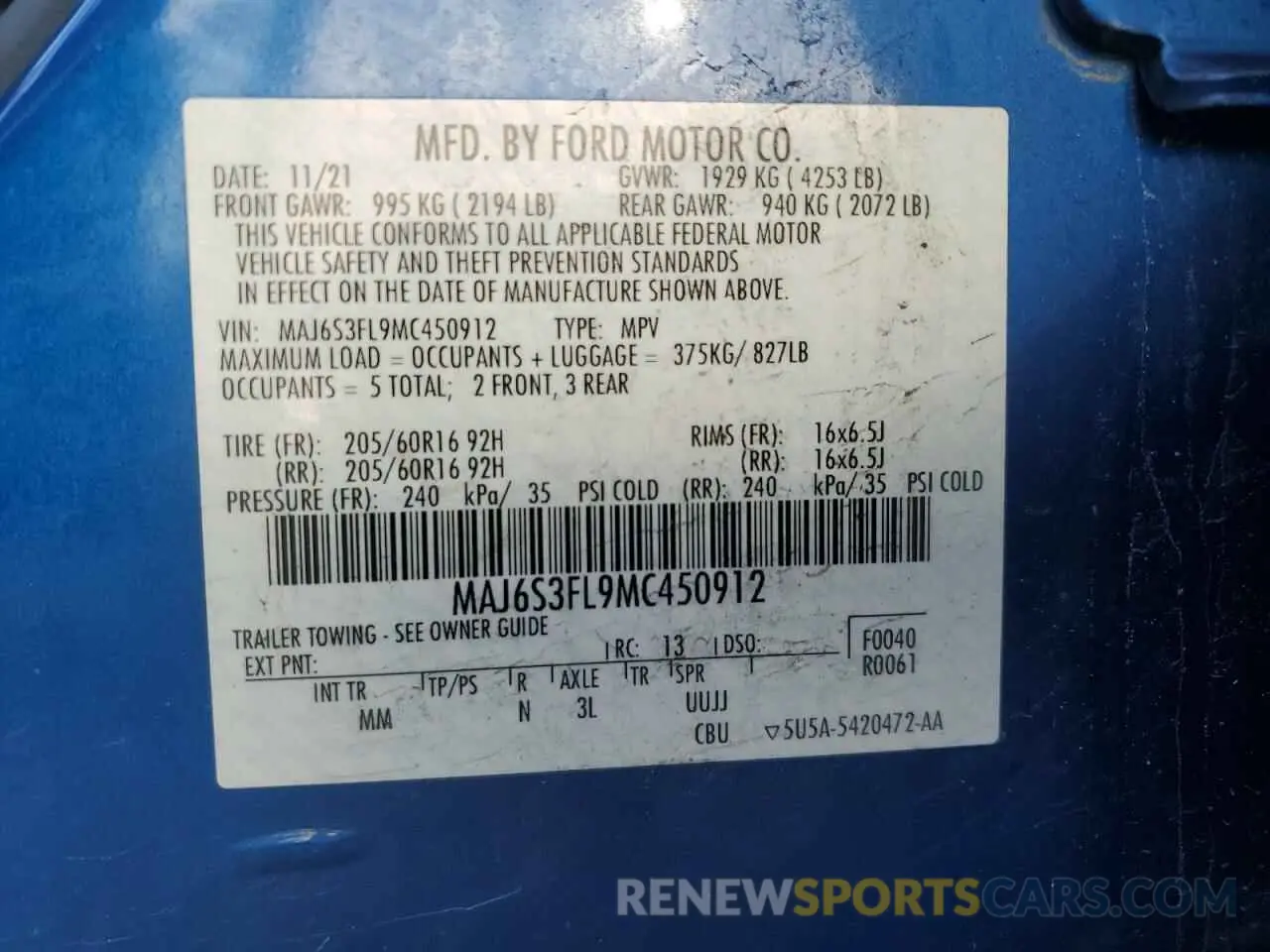 13 Photograph of a damaged car MAJ6S3FL9MC450912 FORD ECOSPORT 2021