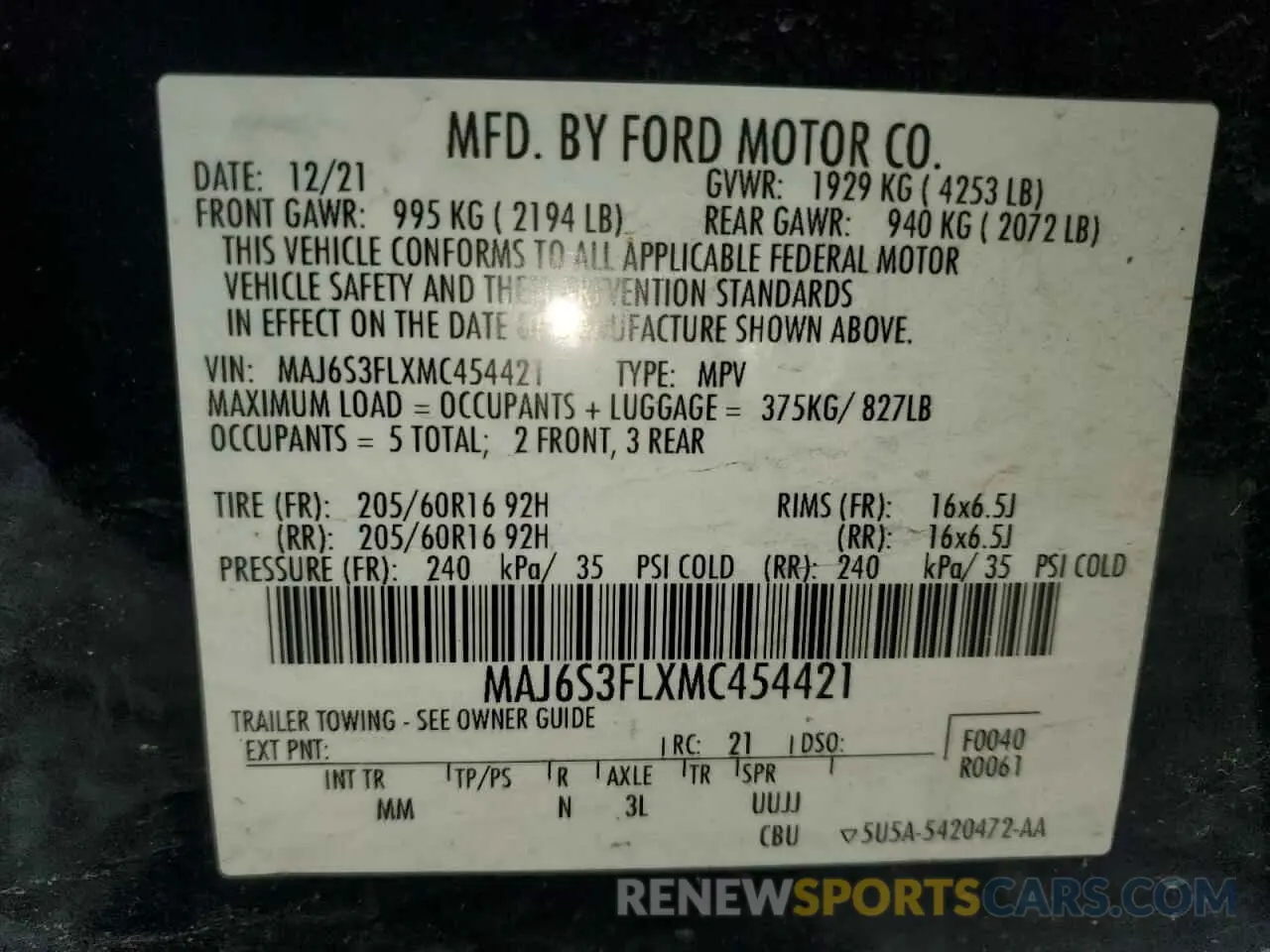 16 Photograph of a damaged car MAJ6S3FLXMC454421 FORD ECOSPORT 2021