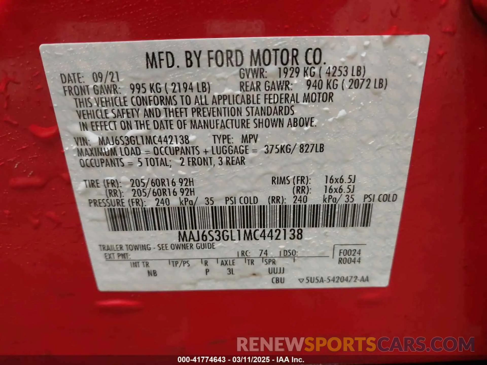 9 Photograph of a damaged car MAJ6S3GL1MC442138 FORD ECOSPORT 2021