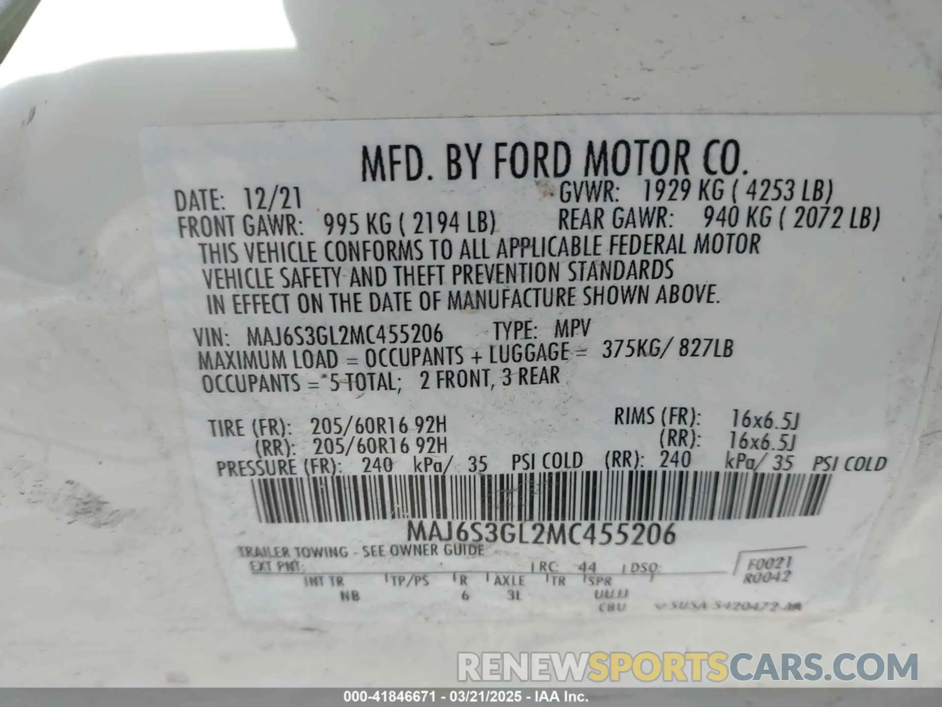 9 Photograph of a damaged car MAJ6S3GL2MC455206 FORD ECOSPORT 2021