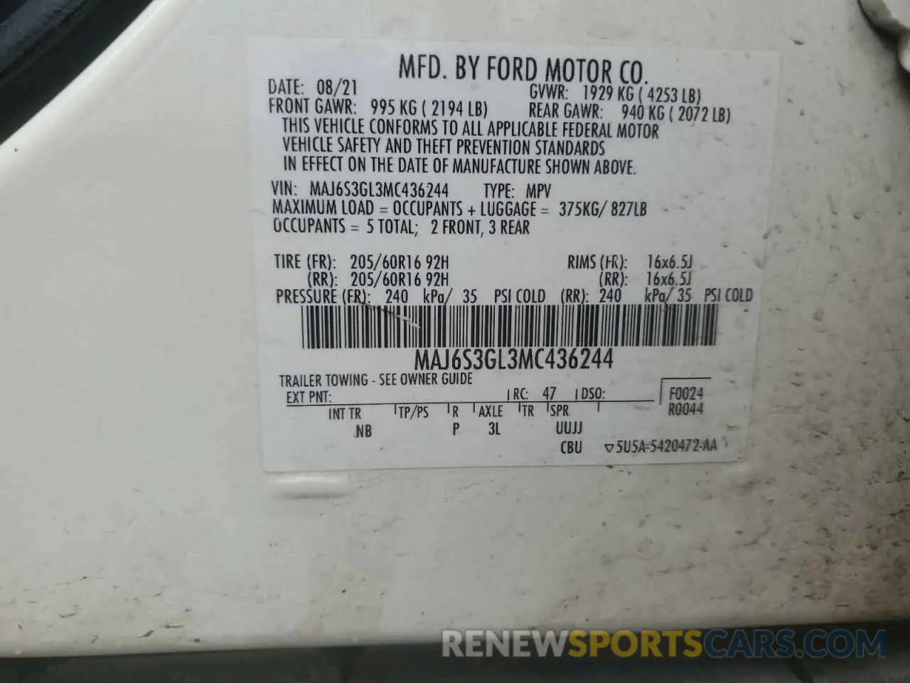 14 Photograph of a damaged car MAJ6S3GL3MC436244 FORD ECOSPORT 2021