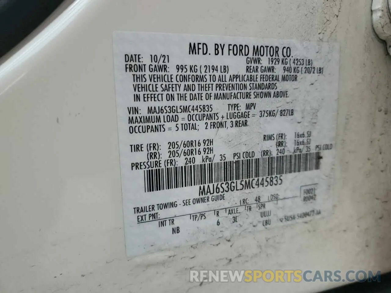 13 Photograph of a damaged car MAJ6S3GL5MC445835 FORD ECOSPORT 2021