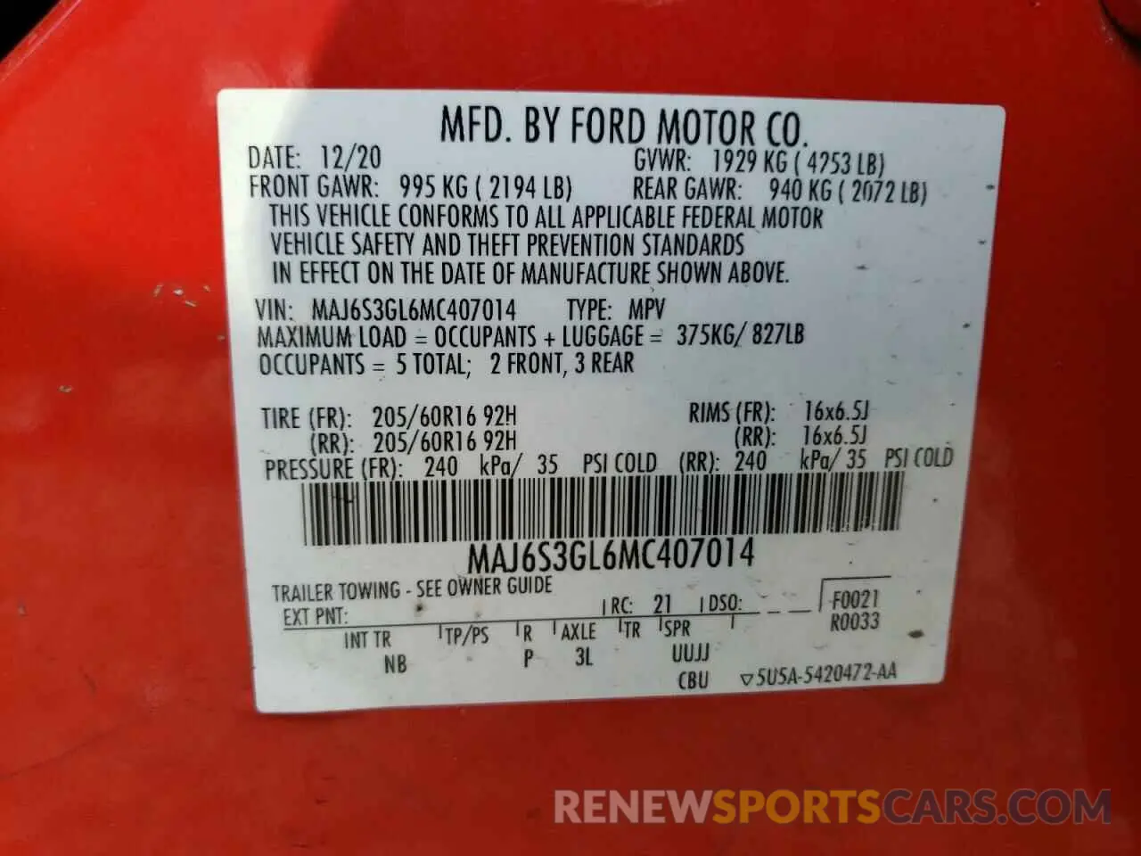 12 Photograph of a damaged car MAJ6S3GL6MC407014 FORD ECOSPORT 2021