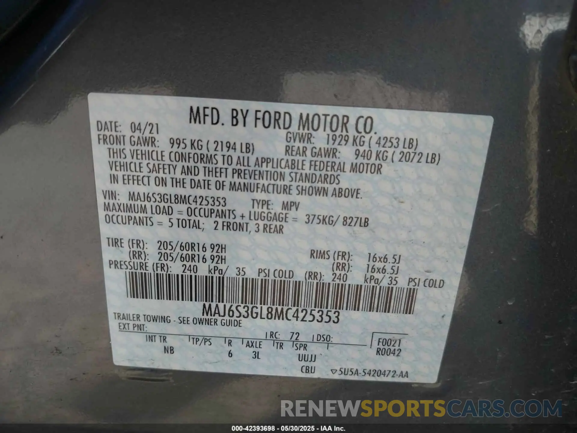 9 Photograph of a damaged car MAJ6S3GL8MC425353 FORD ECOSPORT 2021