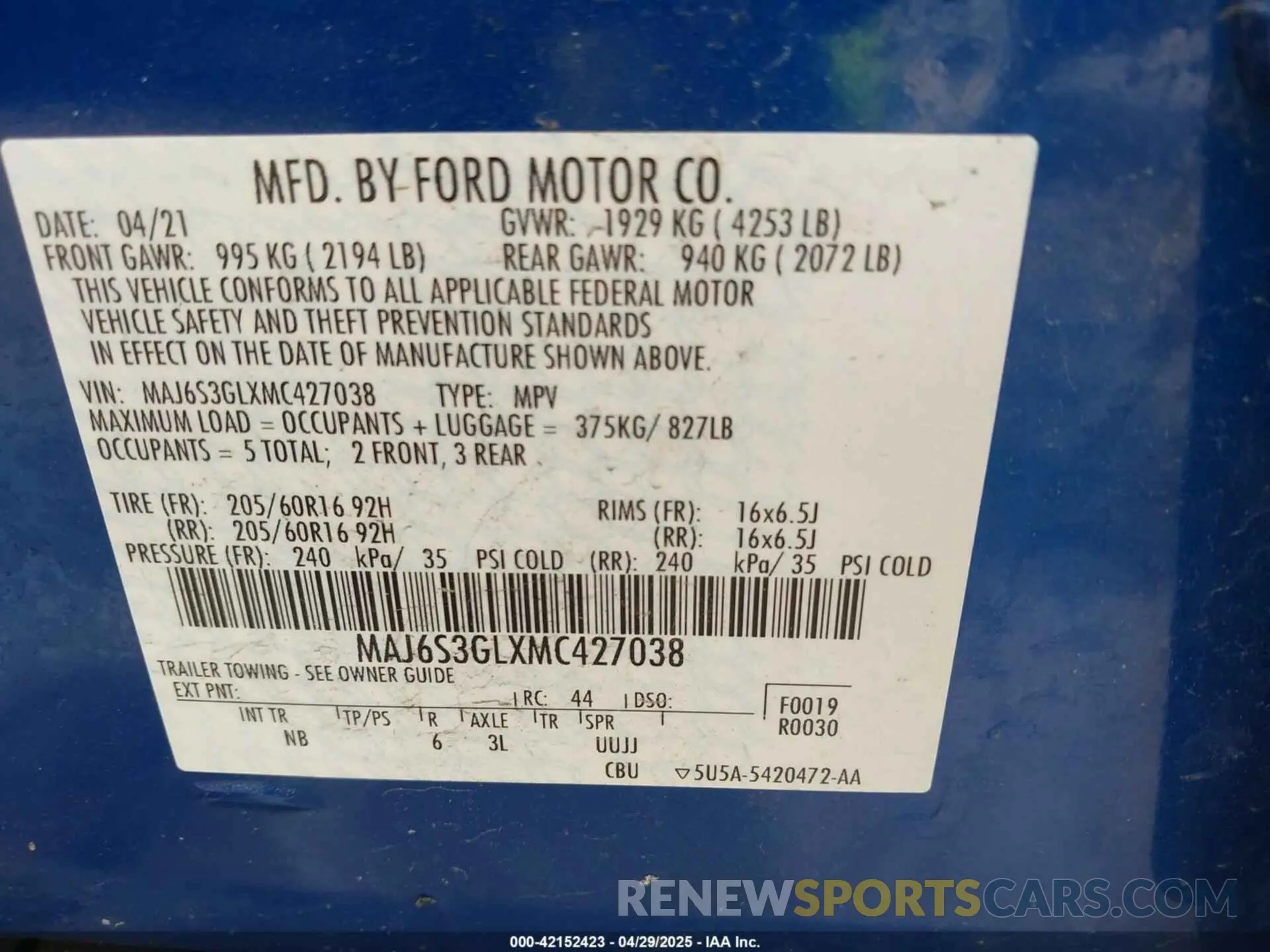 9 Photograph of a damaged car MAJ6S3GLXMC427038 FORD ECOSPORT 2021