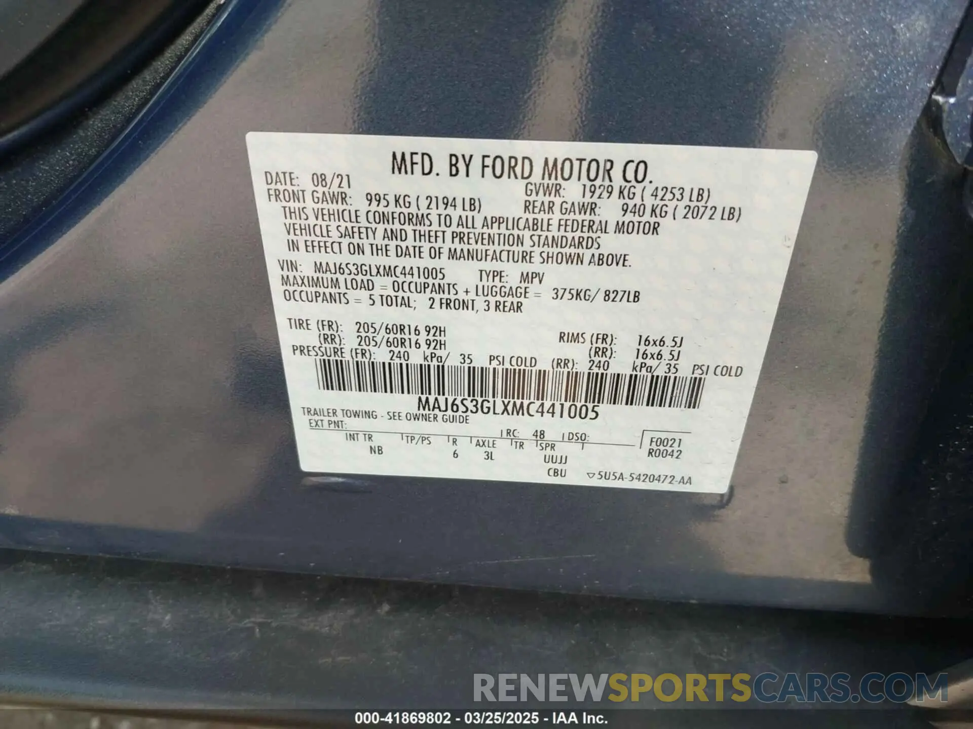 9 Photograph of a damaged car MAJ6S3GLXMC441005 FORD ECOSPORT 2021