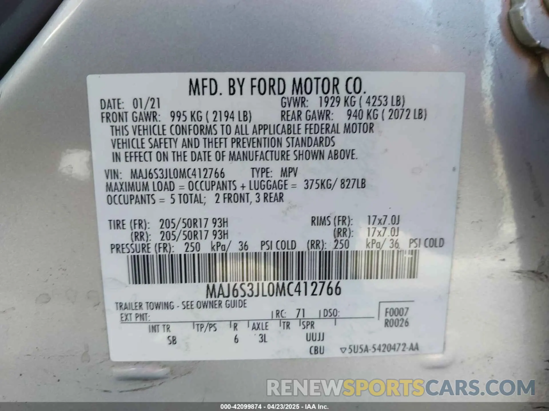 9 Photograph of a damaged car MAJ6S3JL0MC412766 FORD ECOSPORT 2021
