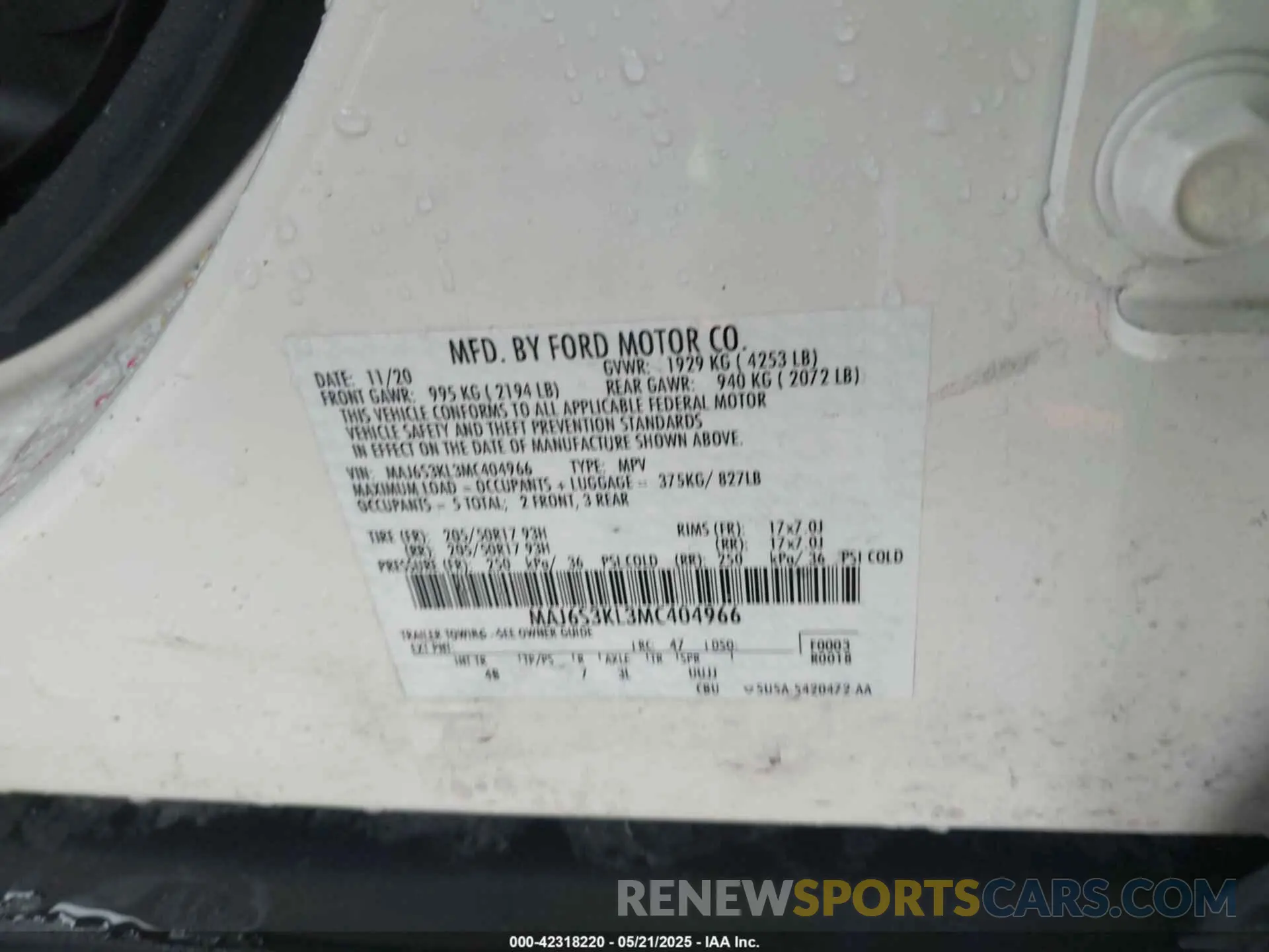 9 Photograph of a damaged car MAJ6S3KL3MC404966 FORD ECOSPORT 2021