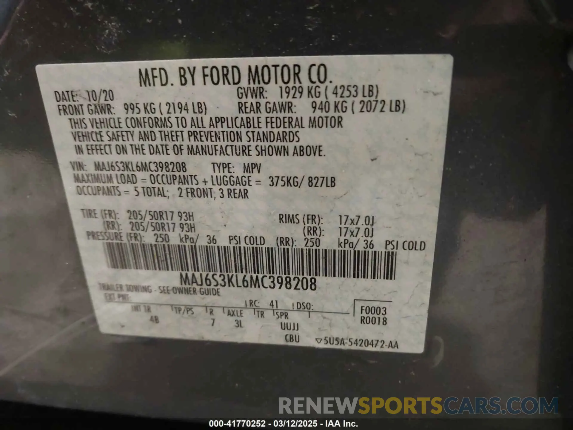 9 Photograph of a damaged car MAJ6S3KL6MC398208 FORD ECOSPORT 2021
