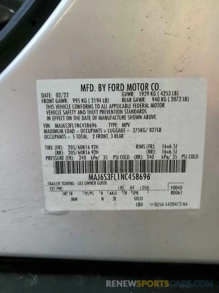 12 Photograph of a damaged car MAJ6S3FL1NC458696 FORD ECOSPORT 2022