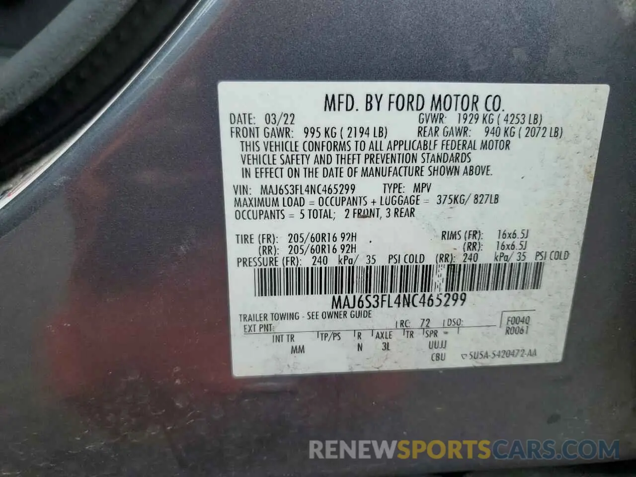 13 Photograph of a damaged car MAJ6S3FL4NC465299 FORD ECOSPORT 2022