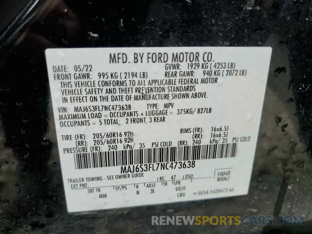 14 Photograph of a damaged car MAJ6S3FL7NC473638 FORD ECOSPORT 2022