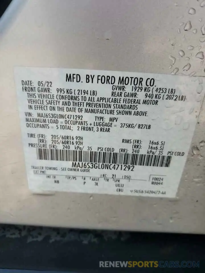 13 Photograph of a damaged car MAJ6S3GL0NC471292 FORD ECOSPORT 2022