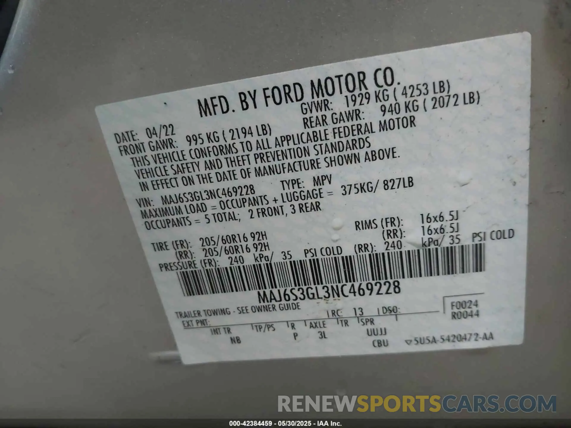 9 Photograph of a damaged car MAJ6S3GL3NC469228 FORD ECOSPORT 2022