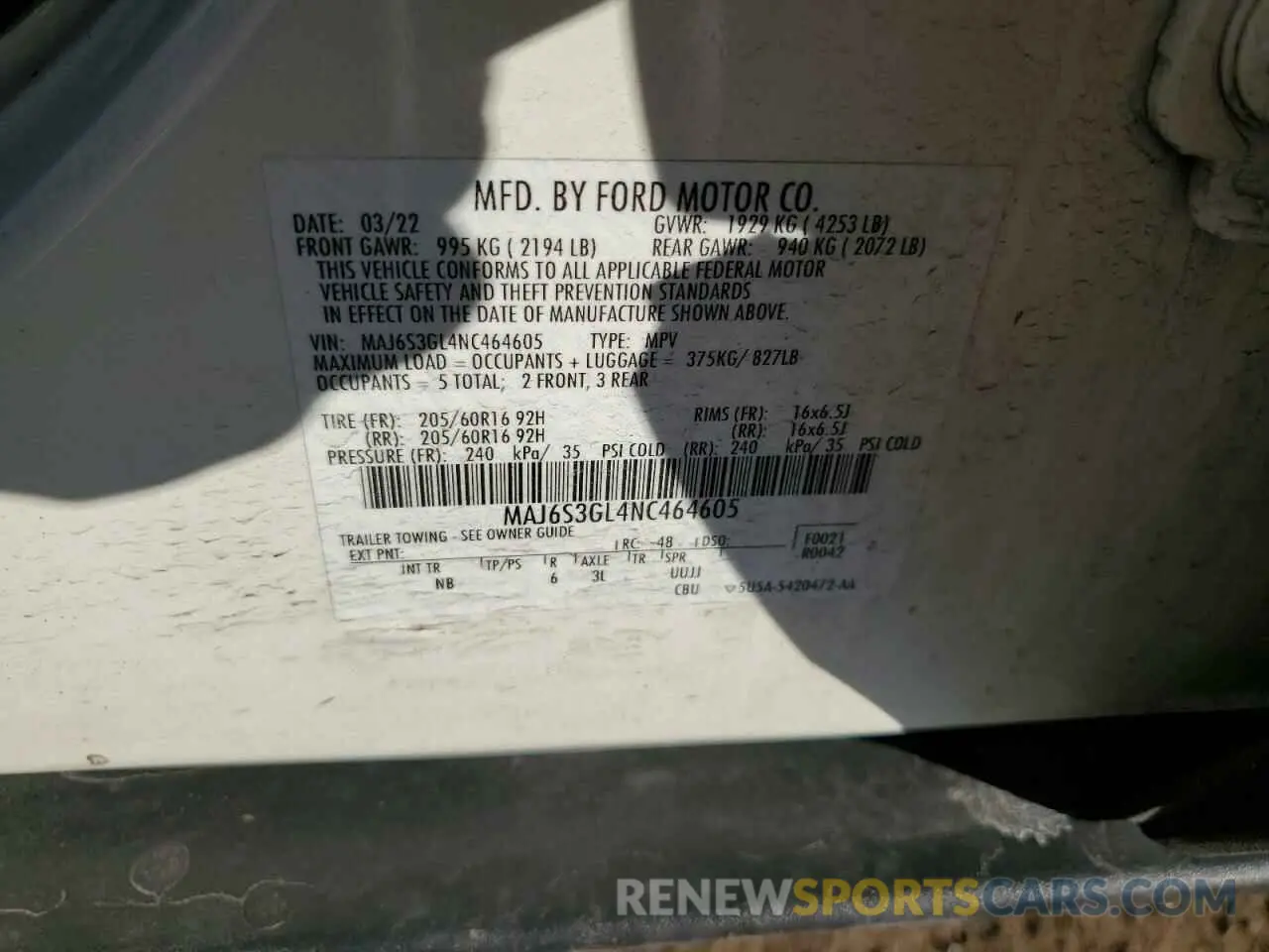 15 Photograph of a damaged car MAJ6S3GL4NC464605 FORD ECOSPORT 2022