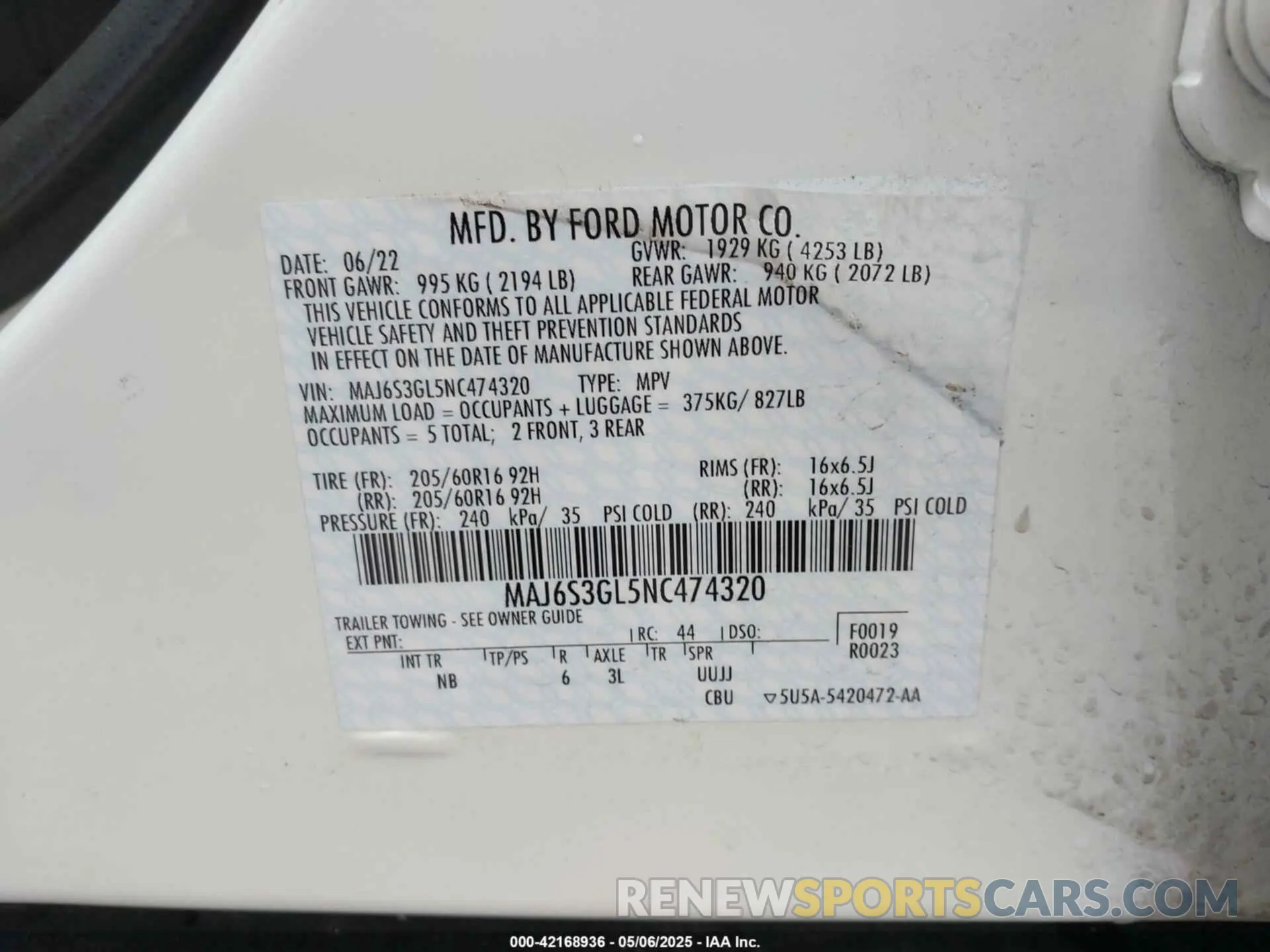 9 Photograph of a damaged car MAJ6S3GL5NC474320 FORD ECOSPORT 2022