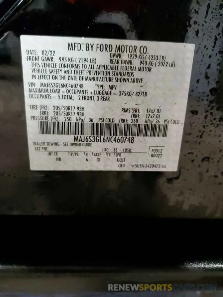 14 Photograph of a damaged car MAJ6S3GL6NC460748 FORD ECOSPORT 2022