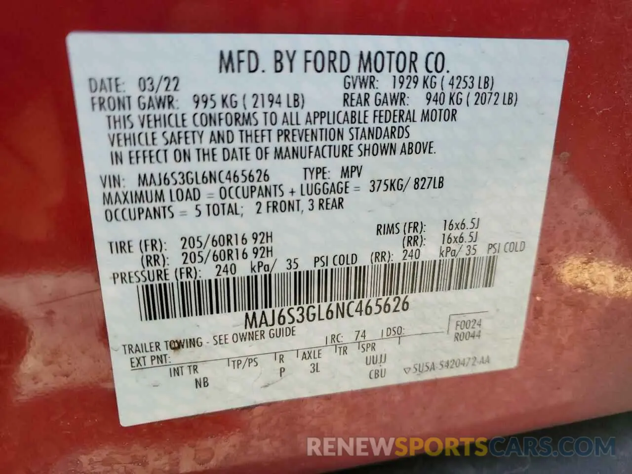 14 Photograph of a damaged car MAJ6S3GL6NC465626 FORD ECOSPORT 2022