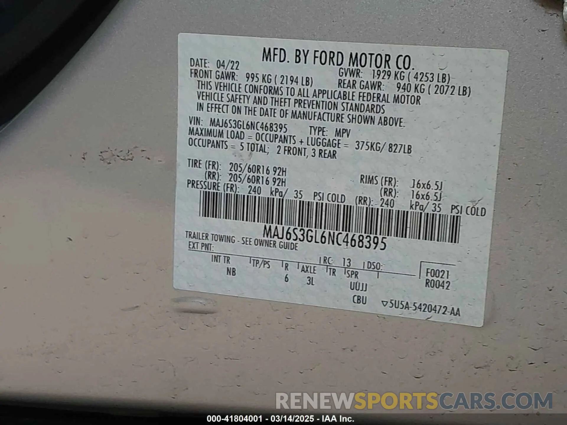 9 Photograph of a damaged car MAJ6S3GL6NC468395 FORD ECOSPORT 2022