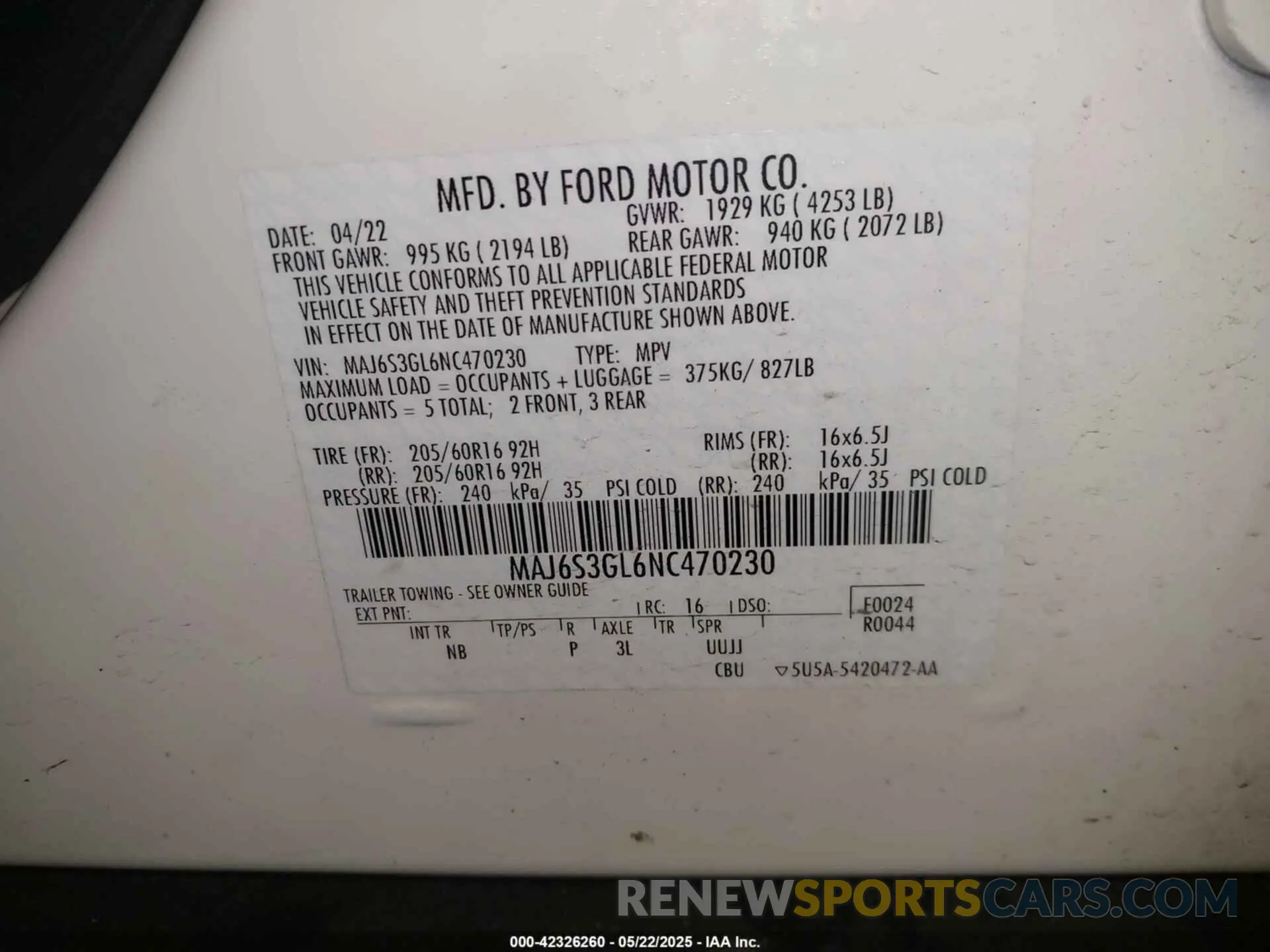 9 Photograph of a damaged car MAJ6S3GL6NC470230 FORD ECOSPORT 2022