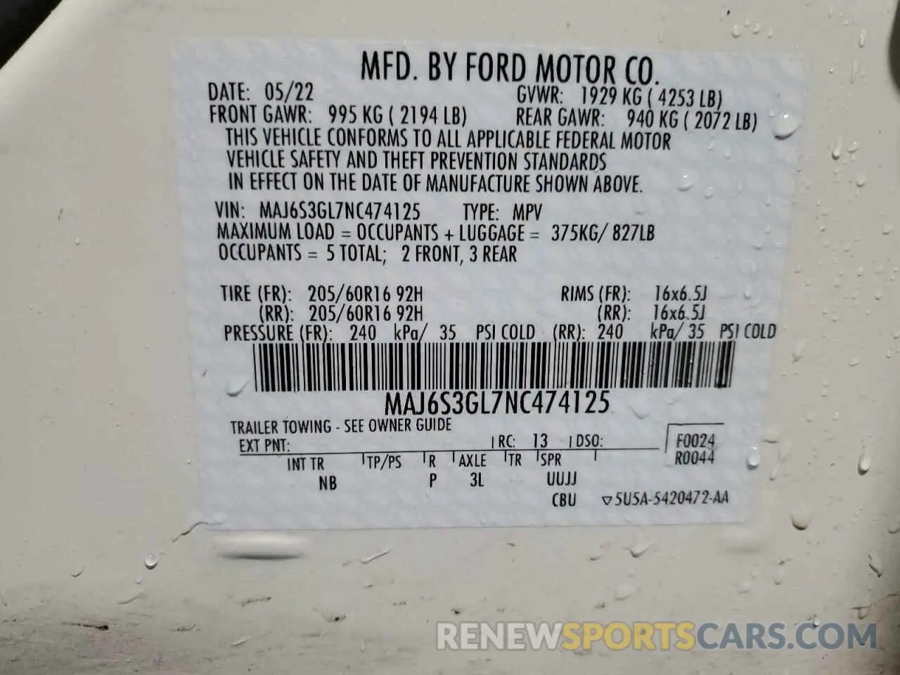 13 Photograph of a damaged car MAJ6S3GL7NC474125 FORD ECOSPORT 2022