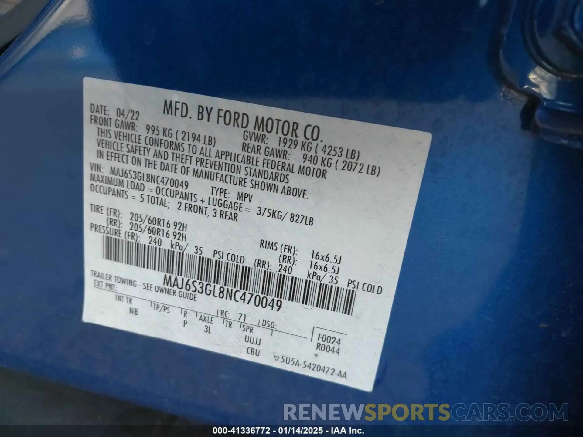 9 Photograph of a damaged car MAJ6S3GL8NC470049 FORD ECOSPORT 2022
