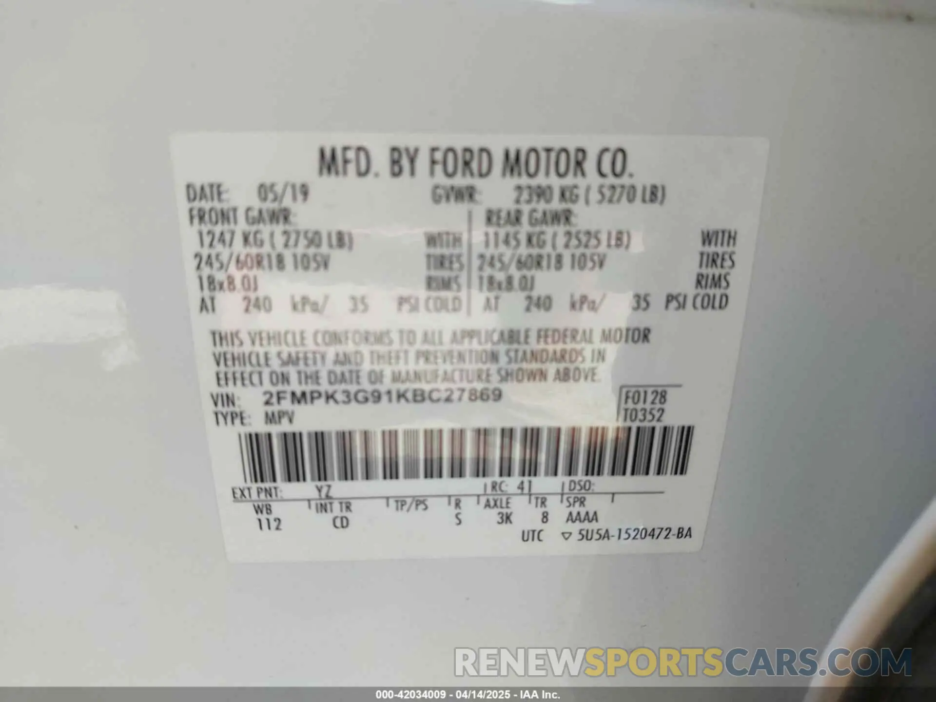 9 Photograph of a damaged car 2FMPK3G91KBC27869 FORD EDGE 2019