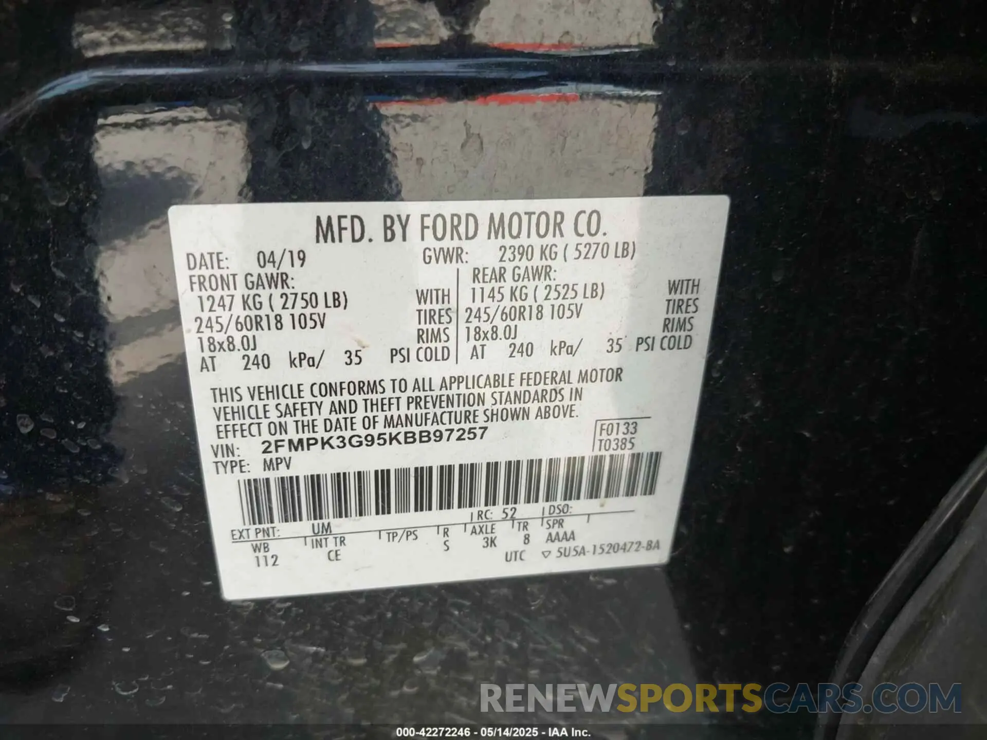 9 Photograph of a damaged car 2FMPK3G95KBB97257 FORD EDGE 2019