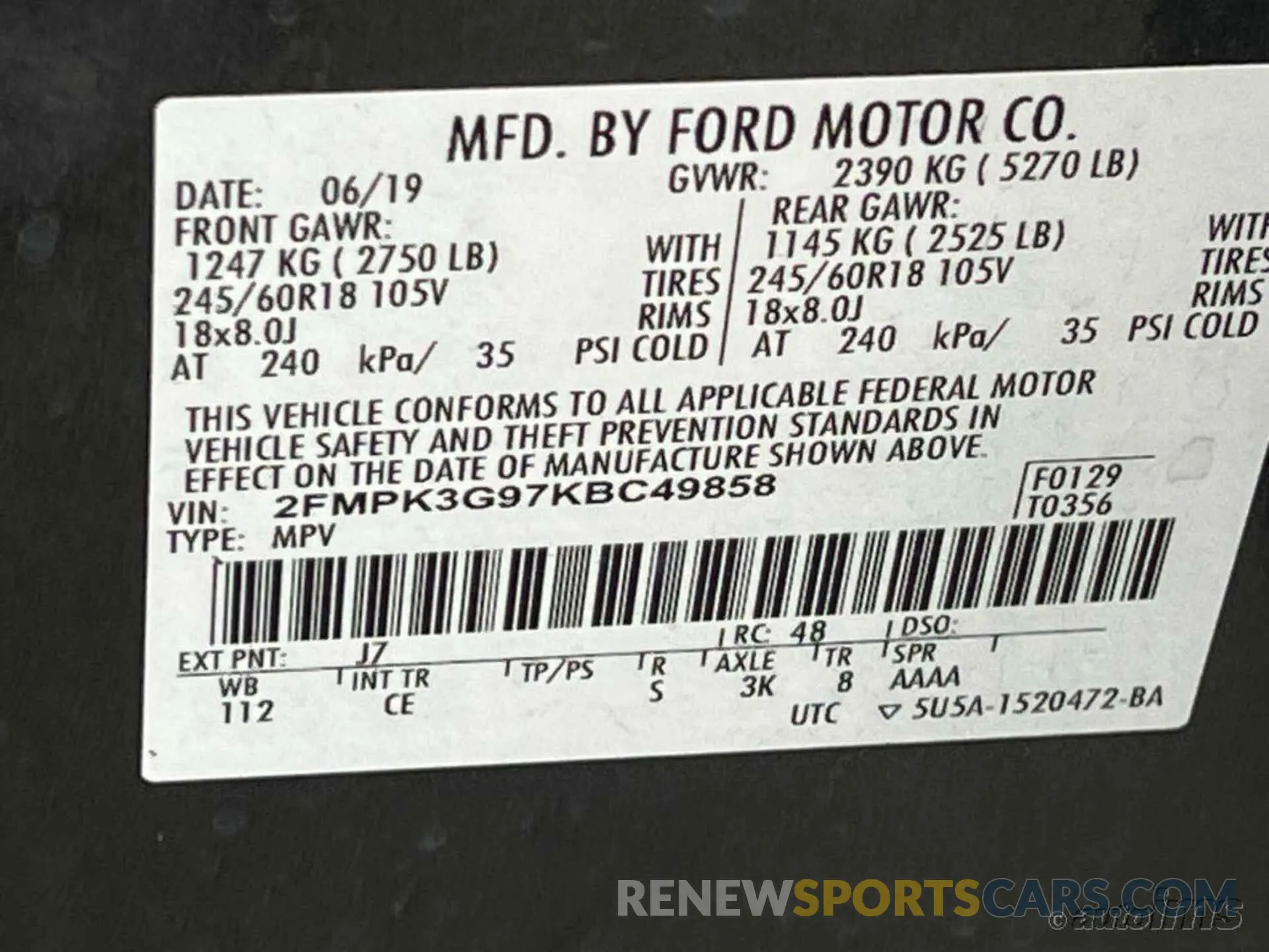 11 Photograph of a damaged car 2FMPK3G97KBC49858 FORD EDGE 2019