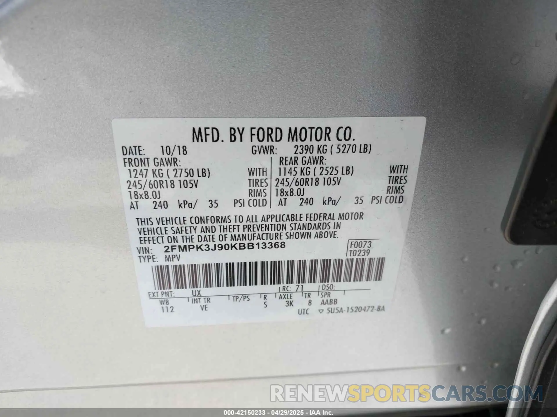 9 Photograph of a damaged car 2FMPK3J90KBB13368 FORD EDGE 2019