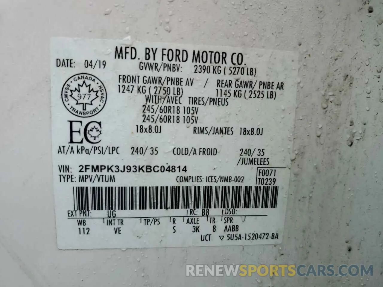 14 Photograph of a damaged car 2FMPK3J93KBC04814 FORD EDGE 2019