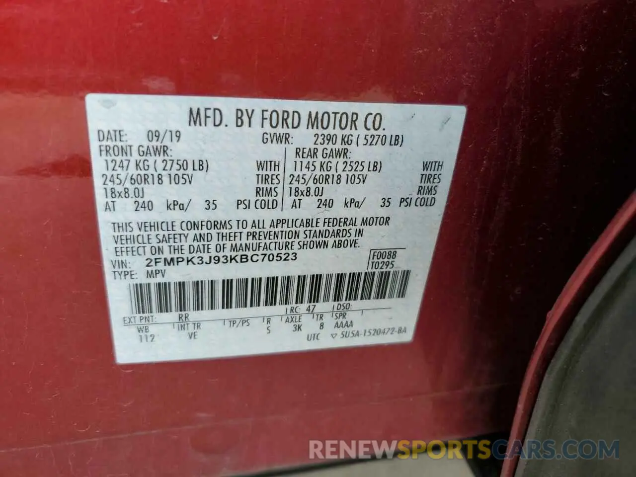 13 Photograph of a damaged car 2FMPK3J93KBC70523 FORD EDGE 2019