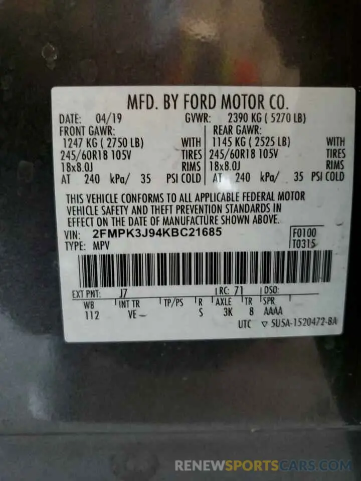 12 Photograph of a damaged car 2FMPK3J94KBC21685 FORD EDGE 2019