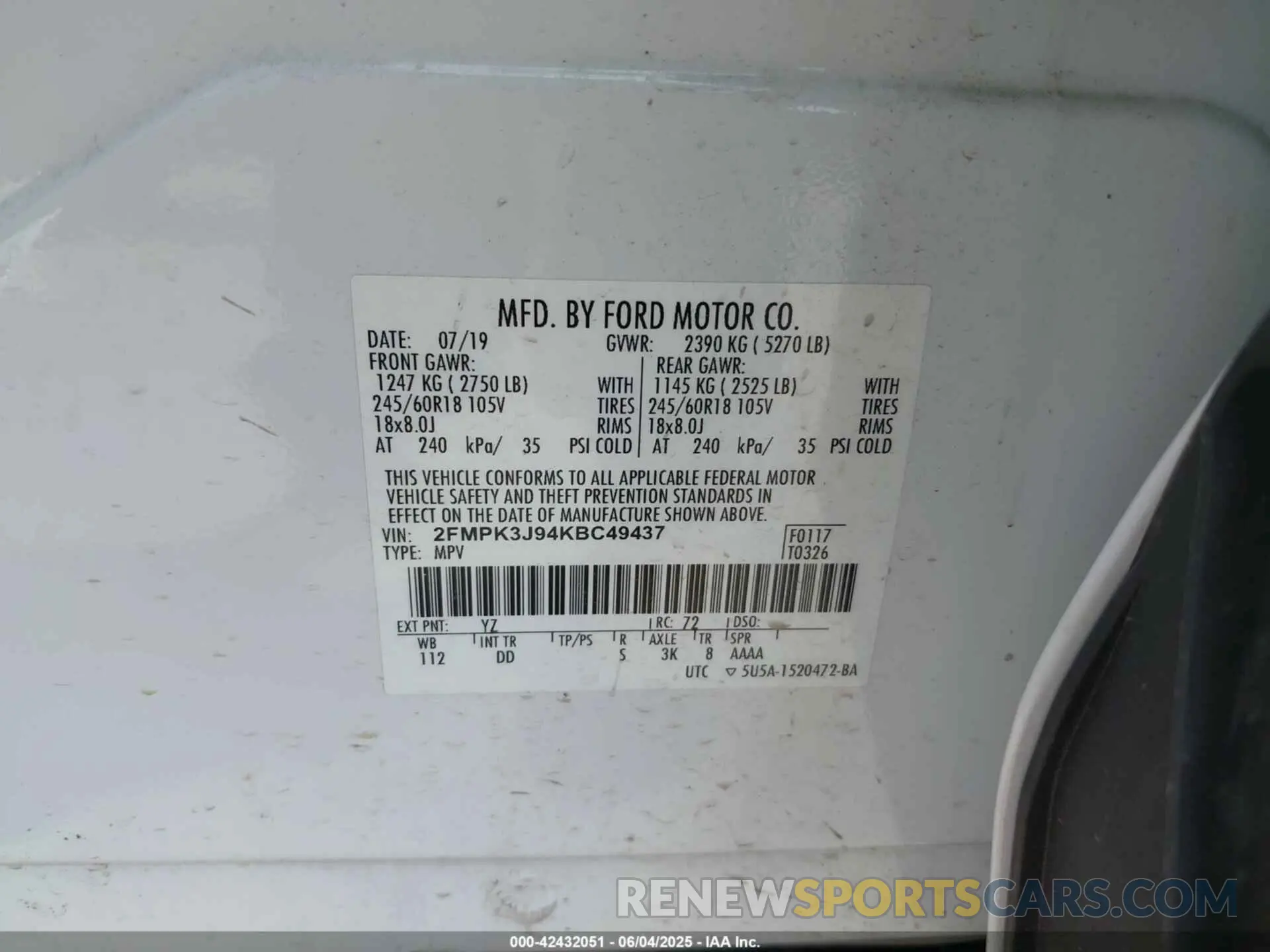 9 Photograph of a damaged car 2FMPK3J94KBC49437 FORD EDGE 2019